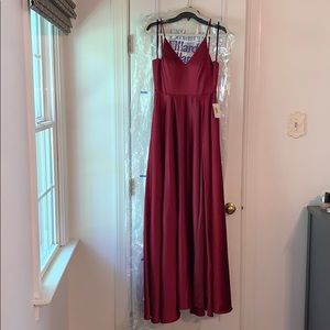 V-Neck Spaghetti Strap Side Slit Satin Ball Gown